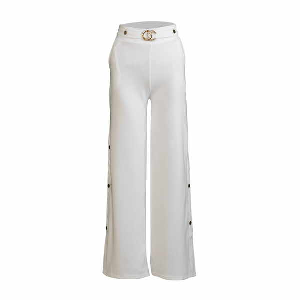 White Wide-Leg Belted Pants