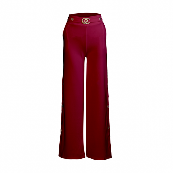 Maroon Wide-Leg Belted Pants