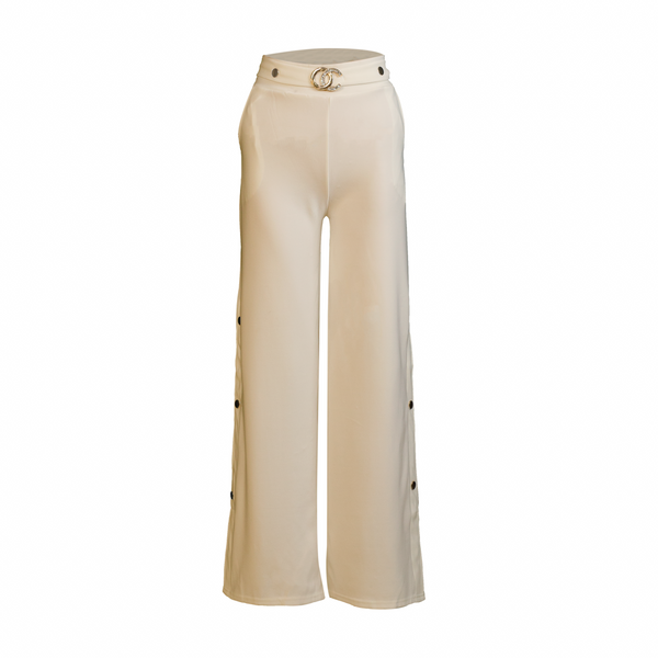 Beige Wide-Leg Belted Pants