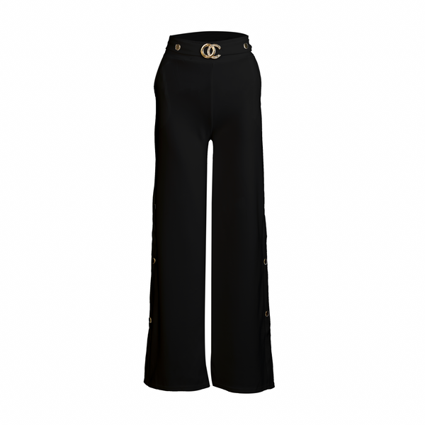 Black Wide-Leg Belted Pants