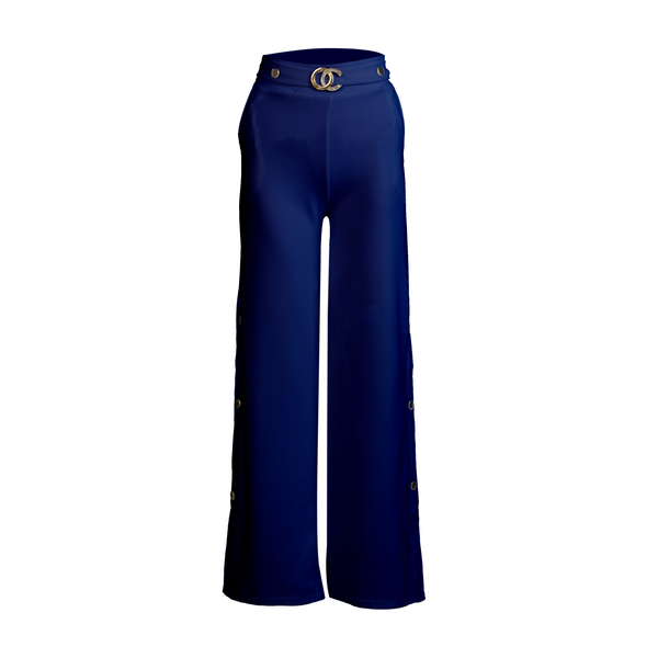 Navy Blue Wide-Leg Belted Pants