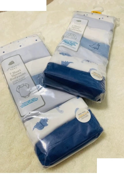Primark 7-Pack Baby Short Sleeve Bodysuits – Blue & White Dino Theme