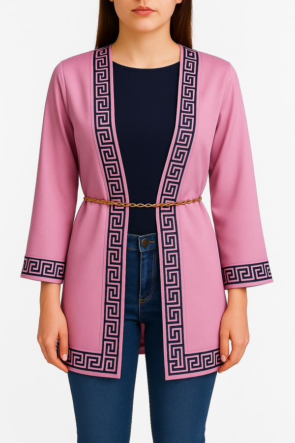 Women’s Pink Kimono Top with Greek Key Trim