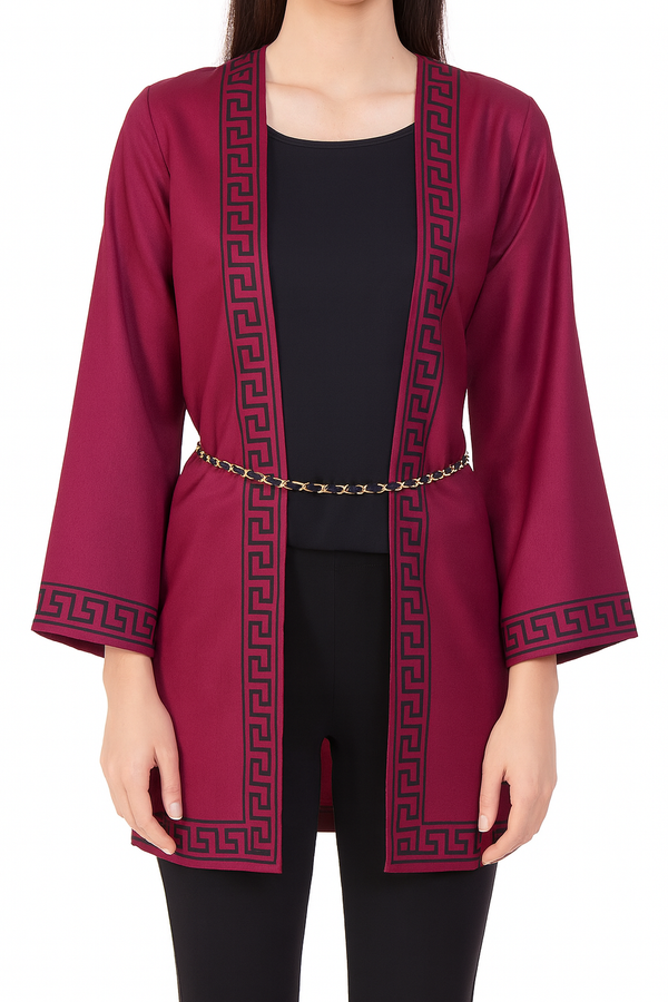 Elegant Maroon Greek Key Kimono with Chain Belt