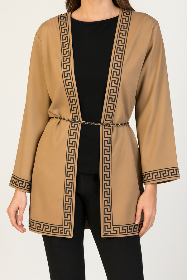 Camel Classic Kimono Jacket with Greek Key Detailing