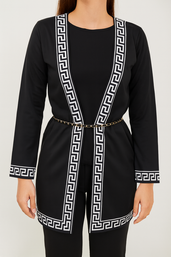 Classic Black Greek Key Kimono with Chain Belt