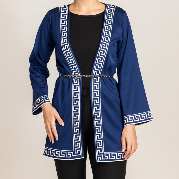 Elegant Navy Blue Longline Jacket with Greek Key Border
