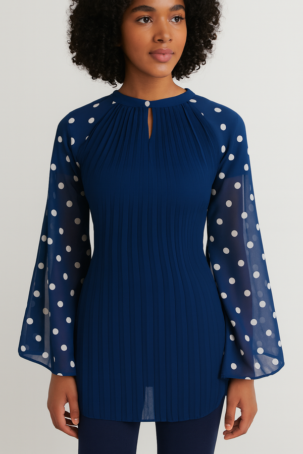Navy Blue Pleated Tunic with Polka Dot Sheer Sleeves
