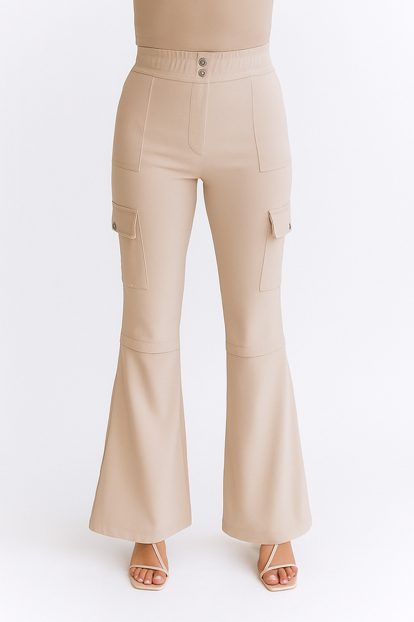 Beige Cargo Flare Pants