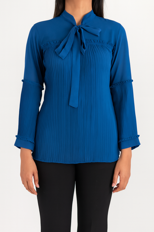 Royal Blue Pleated Bow Tie Blouse