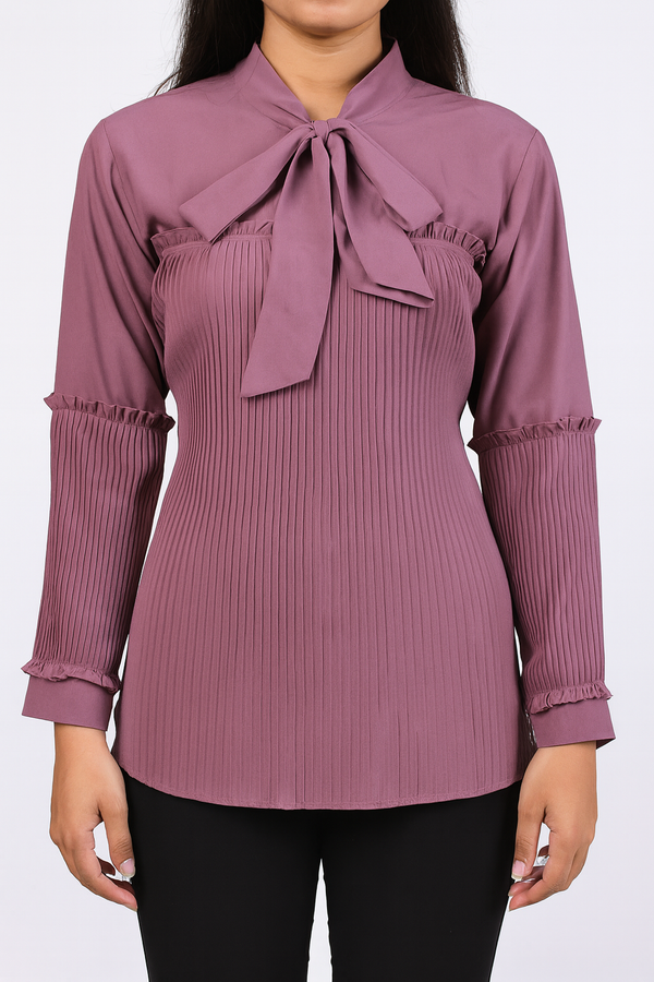 Mauve Pleated Bow Tie Blouse