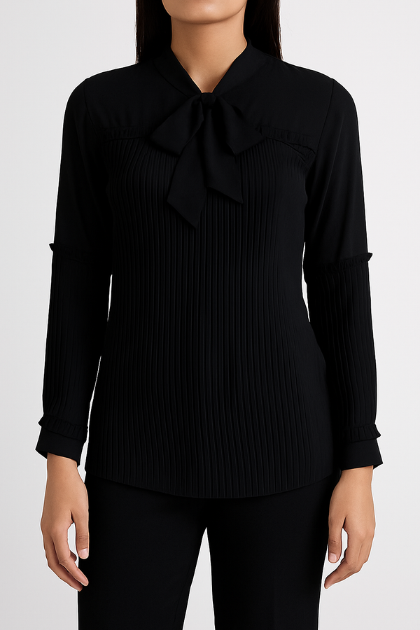 Women’s Black Pleated Blouse with Bow Tie Neck
