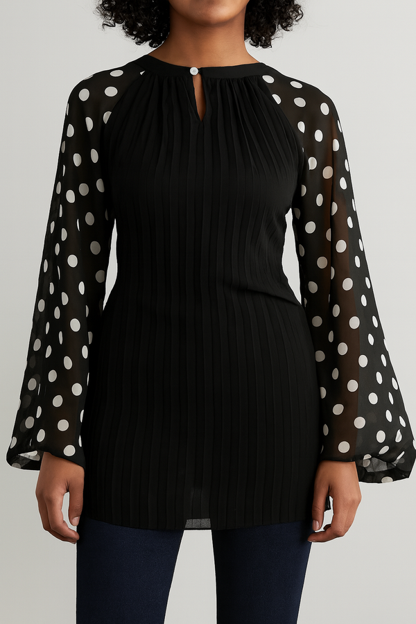 Black Pleated Tunic with Polka Dot Sheer Sleeves