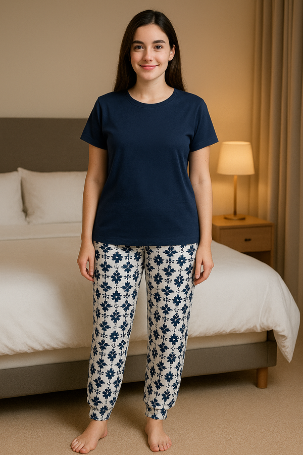 Original Primark Women’s Navy Cotton PJ Set – Short Sleeve T-Shirt & Printed Cuff Trouser Nightwear
