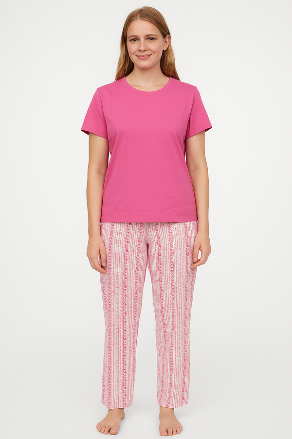 Primark Women’s Pink Cotton Pyjama Set – Plain Magenta Top & Floral Striped mmm| Soft Sleepwear Night Suit