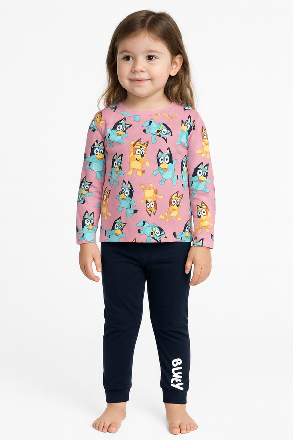 Primark Bluey Girls’ Pajama Set – Pink Top & Navy Bottoms Nightwear