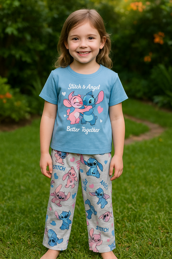 Disney Stitch & Angel Girls’ Pajama Set – Blue Top & Grey Cartoon Print Trousers | Cute Kids Nightwear