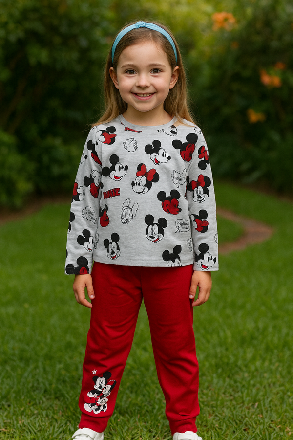 Disney Mickey & Minnie Girls’ Pajama Set – Grey Printed Top with Red Trousers | Kids Nightwear