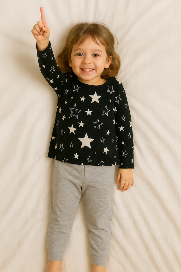 “Girls Black Star Print Pajama Set – Long Sleeve Top & Grey Cotton Pants | Kids Nightwear