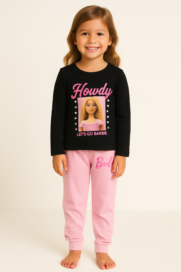 Girls Barbie Pajama Set – Black Howdy Top & Pink Cotton Pants | Kids Nightwea