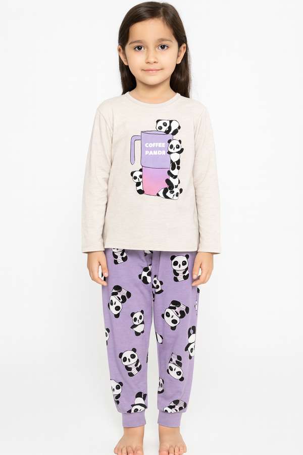 Girls Panda Print Pajama Set – Beige Top & Lavender Pants | Cute Kids Nightwear