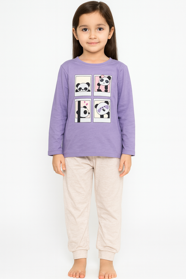 Girls Panda Cartoon Pajama Set – Lavender Long Sleeve Top & Beige Pants | Cute Kids Nightwea