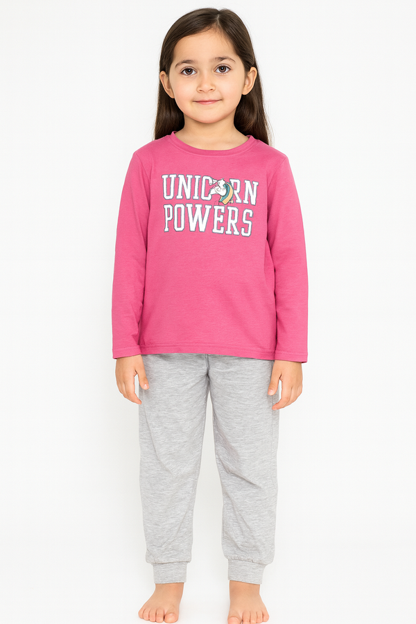 Girls Unicorn Powers Pajama Set – Pink Long Sleeve Top & Grey Pants | Kids Nightwear