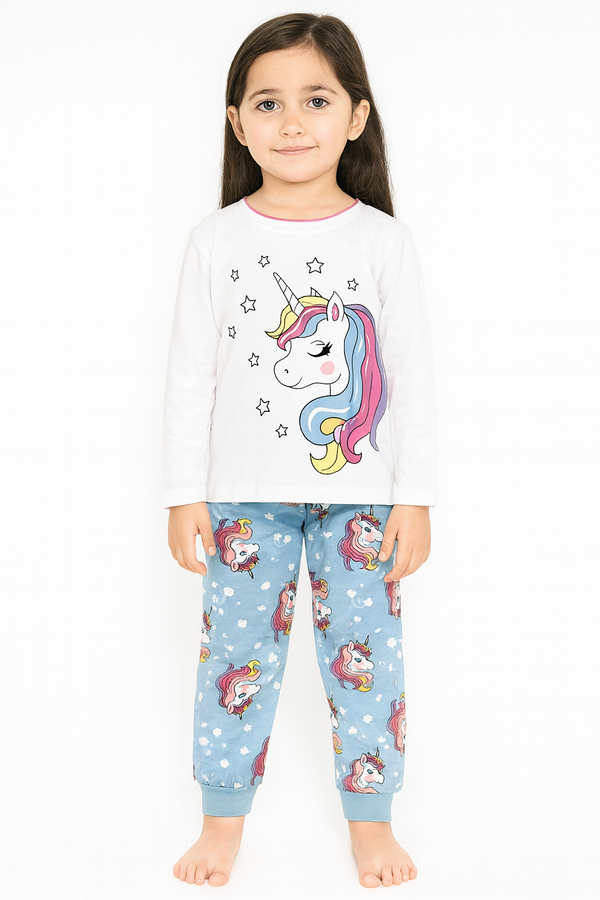 Girls Unicorn Pajama Set – White Long Sleeve Top & Blue Pants | Cute Kids Nightwear