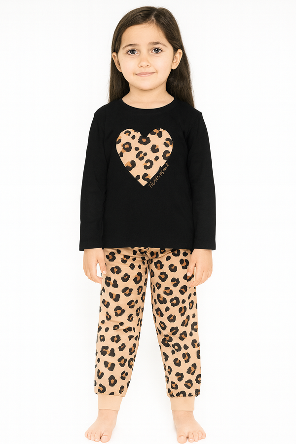 Girls Leopard Print Pajama Set – Black Long Sleeve Top with Heart & Beige Animal Print Pants | Kids Nightwear