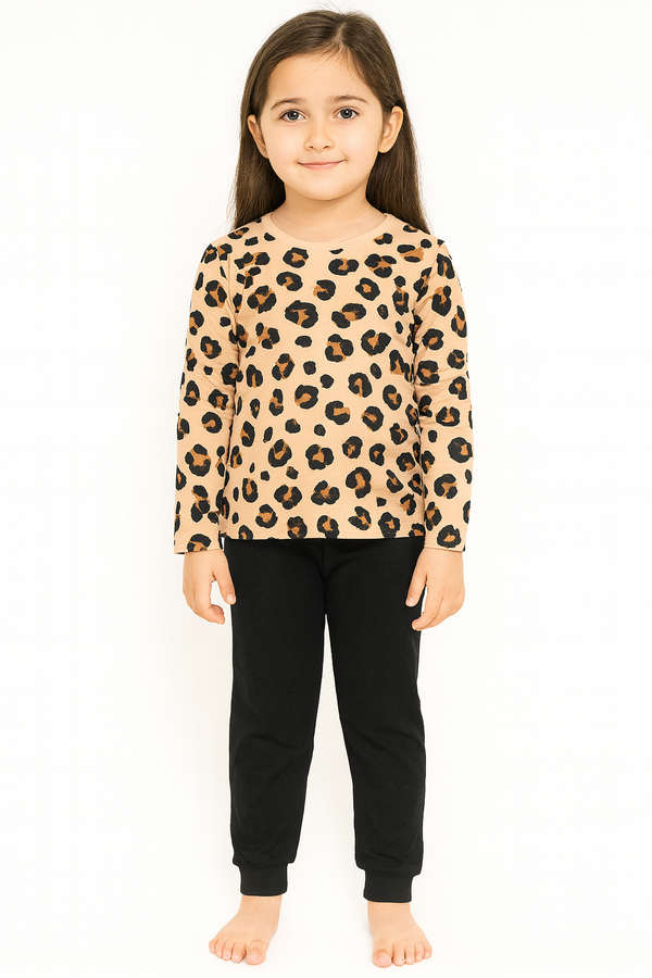 Girls Leopard Print Pajama Set – Beige Animal Print Top & Black Pants | Kids Nightwear