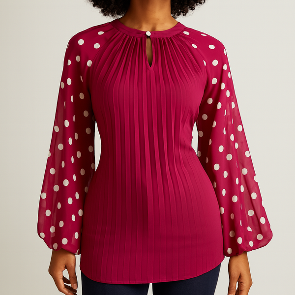 Maroon Pleated Tunic with Polka Dot Sheer Sleeves