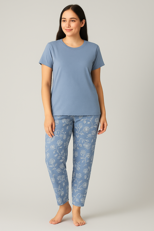 Original Primark Women’s Blue Floral Pyjama Set – Short Sleeve Cotton Top & Printed Bottoms