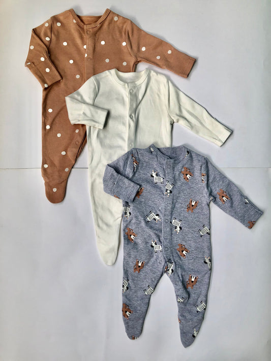 Snuggle Pals Primark Pack of 3 Sleepsuits