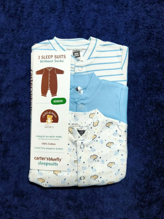 Blue Cloudyscape Carters Pack of 3 Sleep Suits without Socks