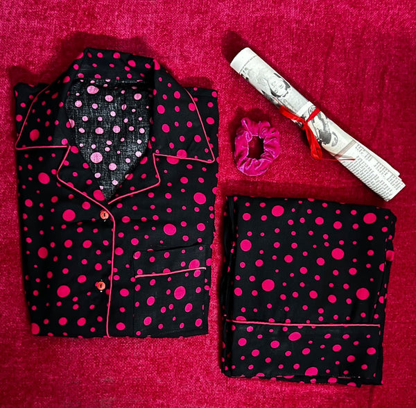 Women’s Satin-Feel Polka Dot PJ Set – Black/Pink